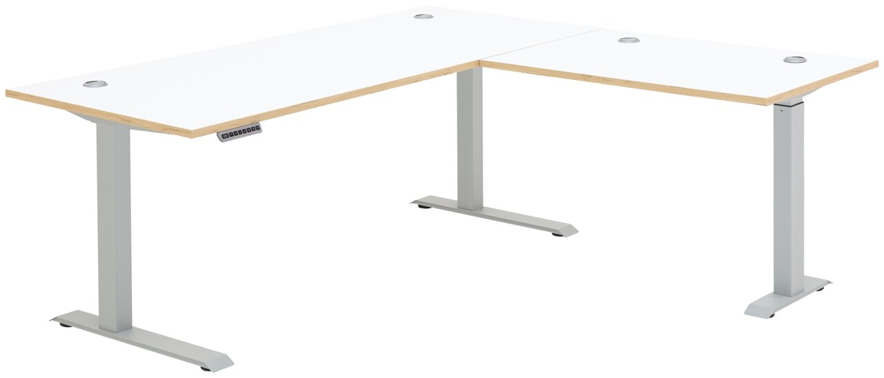 Voleo E-Eckschreibtisch DETROIT Moderner weißer E-Eckschreibtisch mit höhenverstellbaren Beinen, seitliche Perspektive