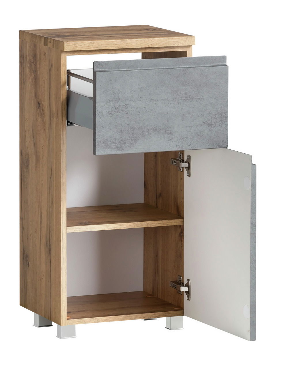 Unterschrank aus Holz mit einer offenen Schublade und einer geöffneten Tür, seitliche Perspektive