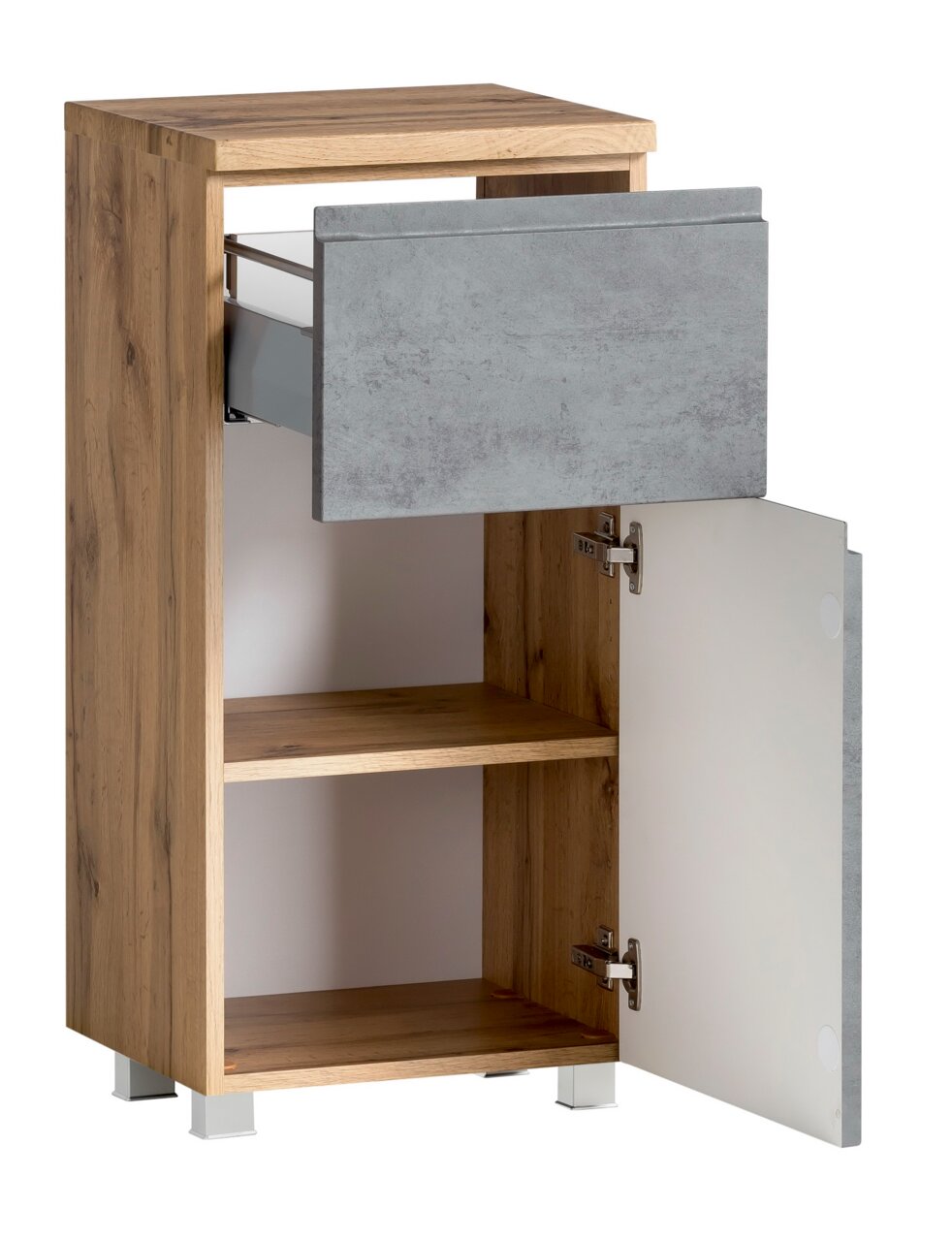 Unterschrank aus Holz mit einer offenen Schublade und einer geöffneten Tür, seitliche Perspektive