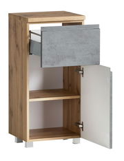 Unterschrank aus Holz mit einer offenen Schublade und einer geöffneten Tür, seitliche Perspektive