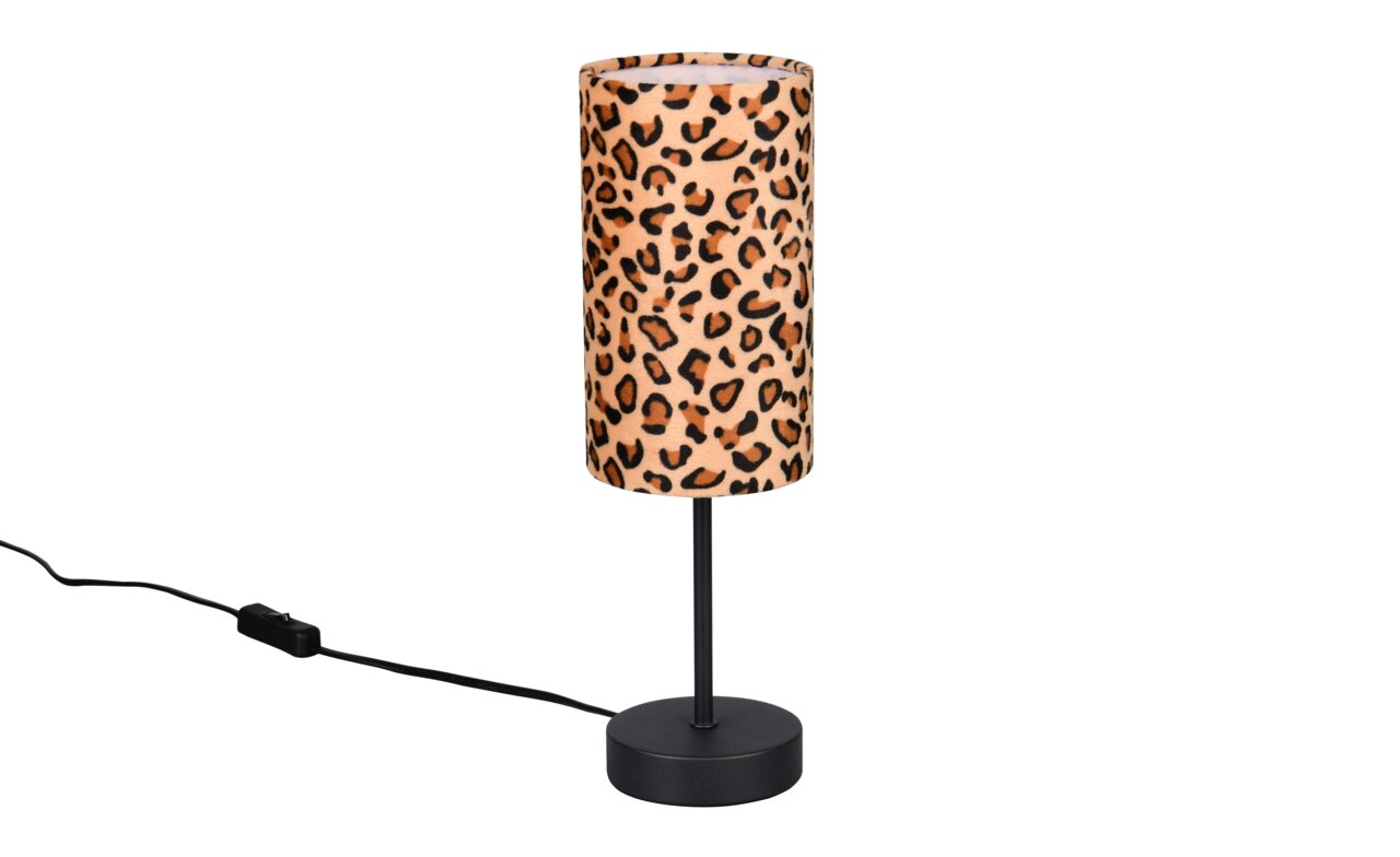 Tischleuchte mit Leopardenmuster, seitliche Perspektive