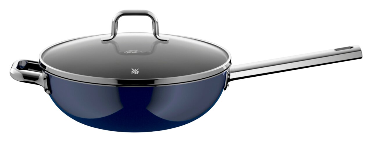 WMF Wok met steel en deksel, Ø 28 cm FUSIONTEC MINERAL PRO Stielwok mit Deckel, 28 cm, aus Edelstahl, seitliche Perspektive