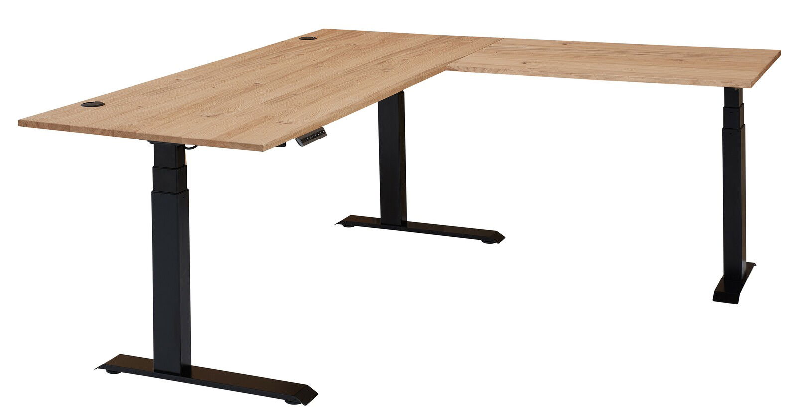 Moderner E-Eckschreibtisch mit Holzfurnier und schwarzem Metallgestell, seitliche Perspektive