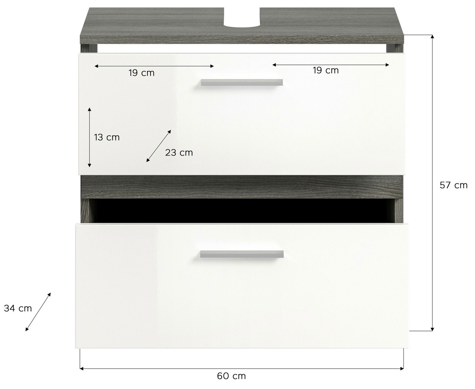 Frontale Ansicht einer Badkombination mit zwei weißen Schubladen und grauer Ablagefläche, Maße: 60 cm Breite, 57 cm Höhe, 34 cm Tiefe.