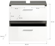 Frontale Ansicht einer Badkombination mit zwei weißen Schubladen und grauer Ablagefläche, Maße: 60 cm Breite, 57 cm Höhe, 34 cm Tiefe.