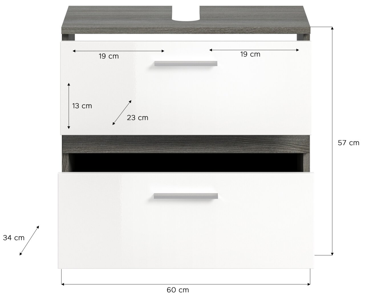 Frontale Ansicht einer Badkombination mit zwei weißen Schubladen und grauer Ablagefläche, Maße: 60 cm Breite, 57 cm Höhe, 34 cm Tiefe.