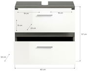 Frontale Ansicht einer Badkombination mit zwei weißen Schubladen und grauer Ablagefläche, Maße: 60 cm Breite, 57 cm Höhe, 34 cm Tiefe.