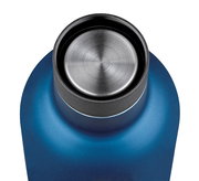 Blaue Isoliertrinkflasche mit Edelstahlverschluss, Ansicht von oben