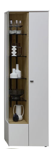 Moderne Vitrine mit Glasfront und Holzelementen, gefüllt mit dekorativen Objekten, seitliche Perspektive