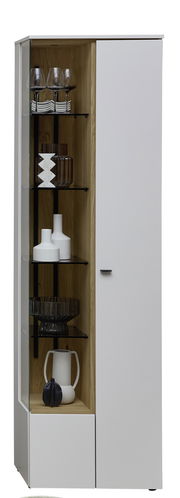 Moderne Vitrine mit Glasfront und Holzelementen, gefüllt mit dekorativen Objekten, seitliche Perspektive