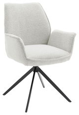 Moderner Armlehnstuhl mit hellem Stoffbezug und schwarzem Metallgestell, seitliche Perspektive