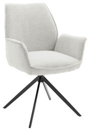 Moderner Armlehnstuhl mit hellem Stoffbezug und schwarzem Metallgestell, seitliche Perspektive