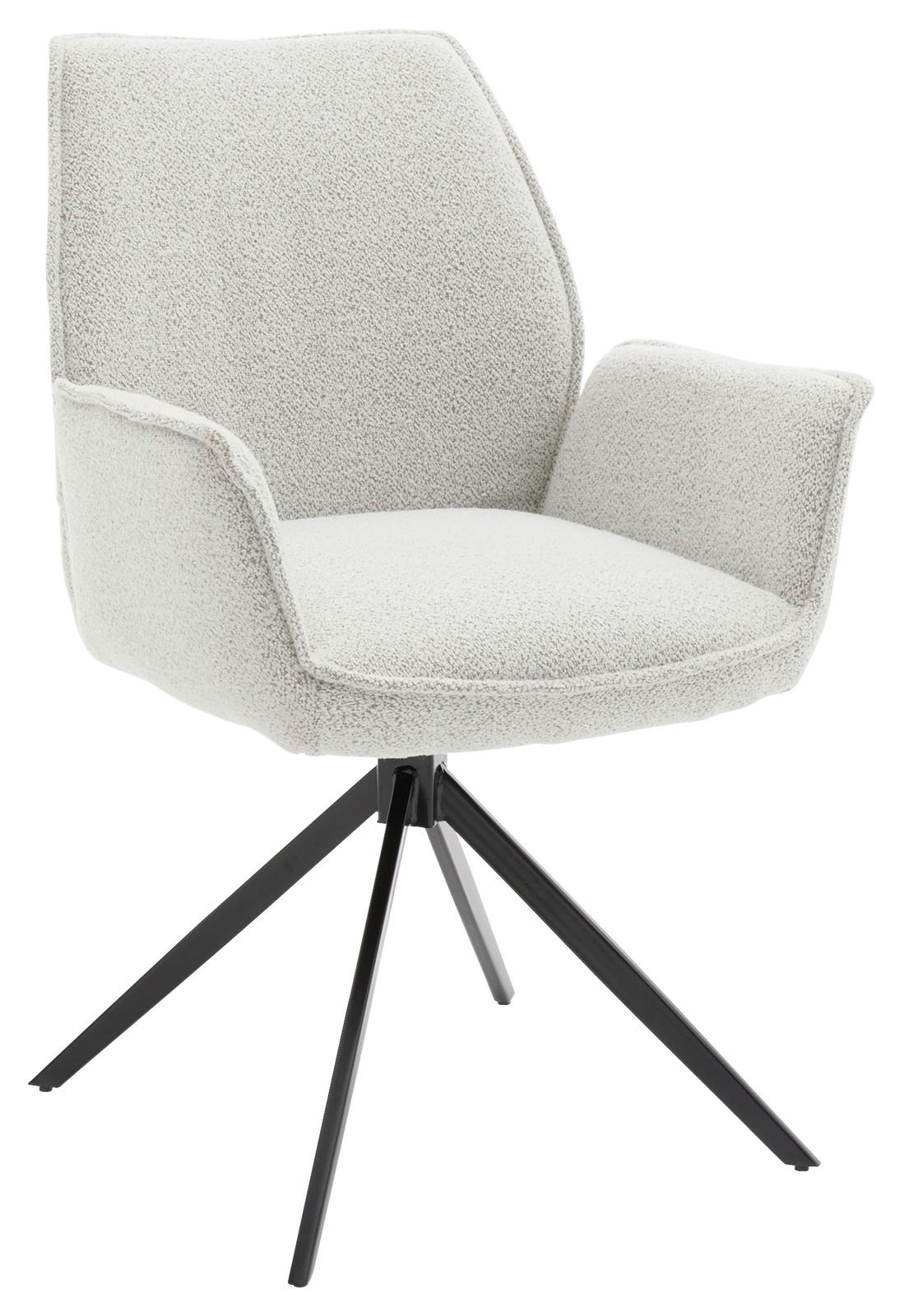 Moderner Armlehnstuhl mit hellem Stoffbezug und schwarzem Metallgestell, seitliche Perspektive