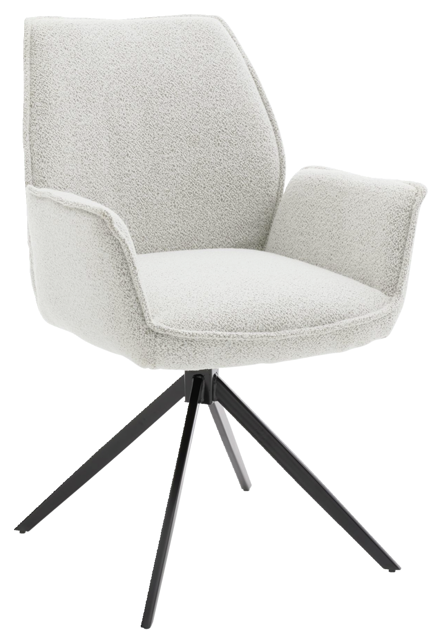 Moderner Armlehnstuhl mit hellem Stoffbezug und schwarzem Metallgestell, seitliche Perspektive