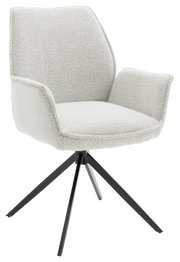 Moderner Armlehnstuhl mit hellem Stoffbezug und schwarzem Metallgestell, seitliche Perspektive