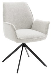 Moderner Armlehnstuhl mit hellem Stoffbezug und schwarzem Metallgestell, seitliche Perspektive