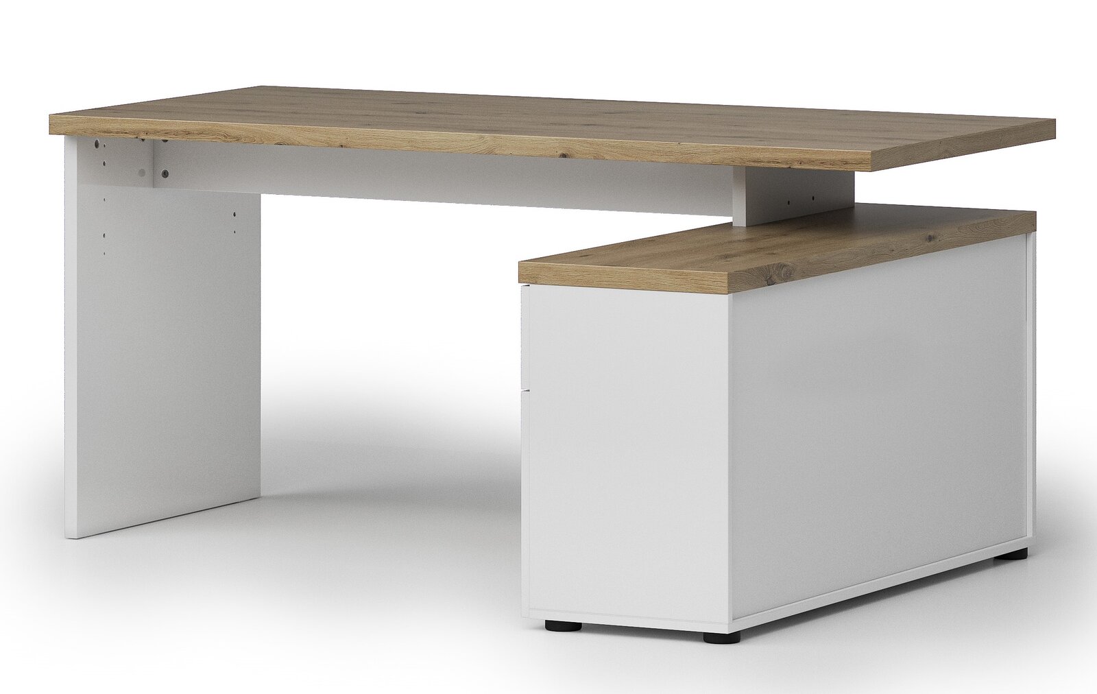 Moderner Eckschreibtisch mit weißem Korpus und Holzoberfläche, seitliche Perspektive