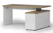 Moderner Eckschreibtisch mit weißem Korpus und Holzoberfläche, seitliche Perspektive