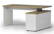 Moderner Eckschreibtisch mit weißem Korpus und Holzoberfläche, seitliche Perspektive