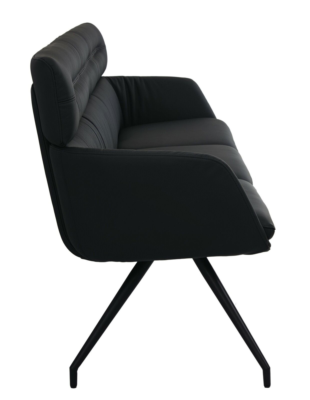 Seitliche Ansicht einer modernen schwarzen Sitzbank mit gepolsterter Rückenlehne und schlanken Metallbeinen.