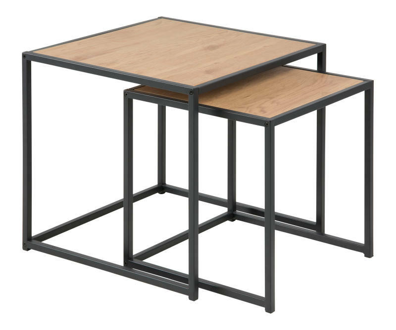 Zwei Beistelltische im modernen Design mit Metallrahmen und Holzoberfläche, seitliche Perspektive