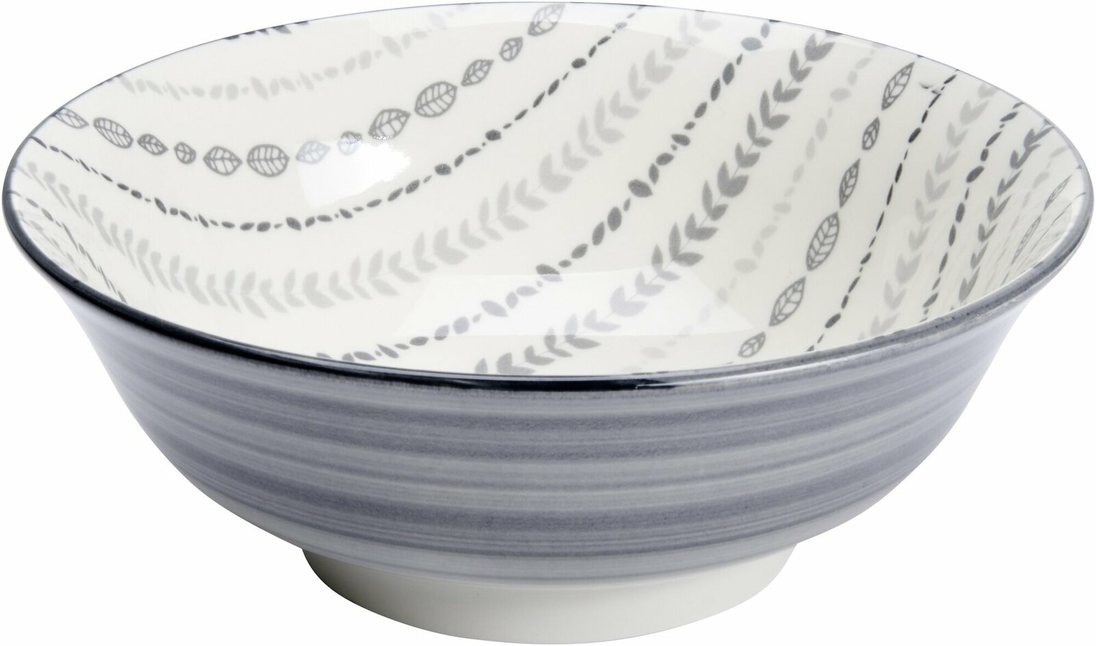 Schale Sendai Ranke 11,5cm mit grauem Streifenmuster außen und filigranem Blattmuster innen, seitliche Perspektive