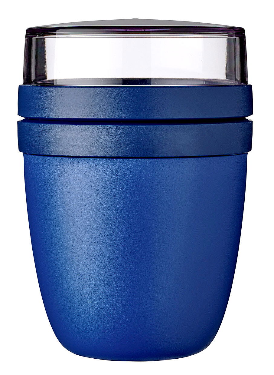 Blauer Snackpot mit transparentem Deckel, Frontalansicht