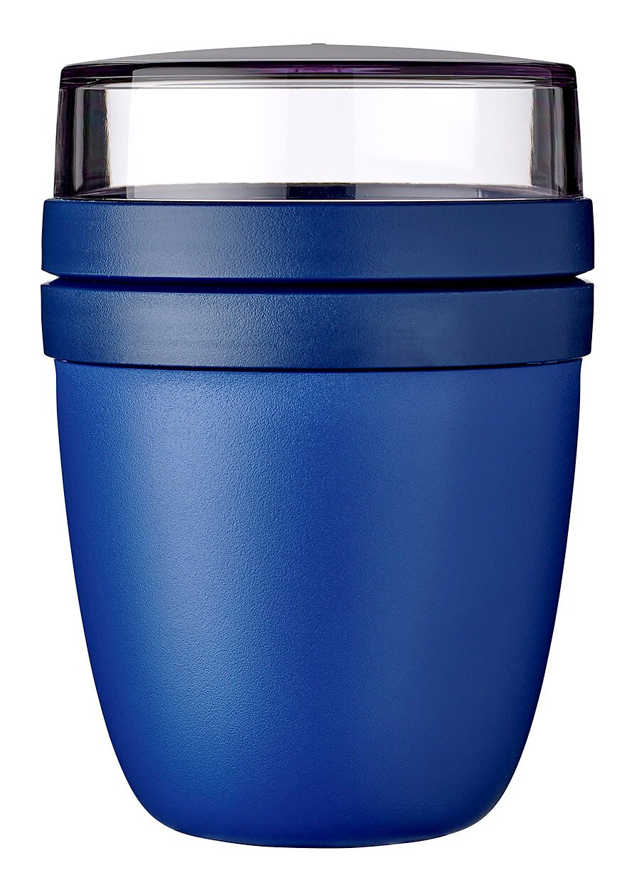 Blauer Snackpot mit transparentem Deckel, Frontalansicht