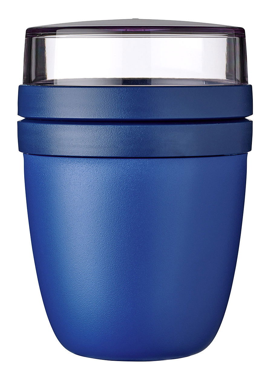 Blauer Snackpot mit transparentem Deckel, Frontalansicht