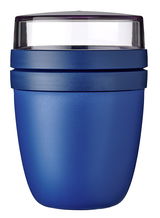 Blauer Snackpot mit transparentem Deckel, Frontalansicht