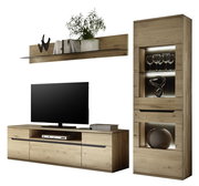 Moderne Wandkombination aus Holz mit TV-Schrank, Regal und Vitrine, frontal betrachtet.