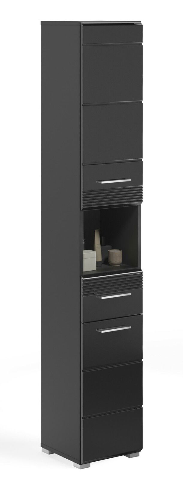Schwarzer Hochschrank mit mehreren Schubladen und einem offenen Fach, seitliche Perspektive