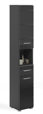 Schwarzer Hochschrank mit mehreren Schubladen und einem offenen Fach, seitliche Perspektive