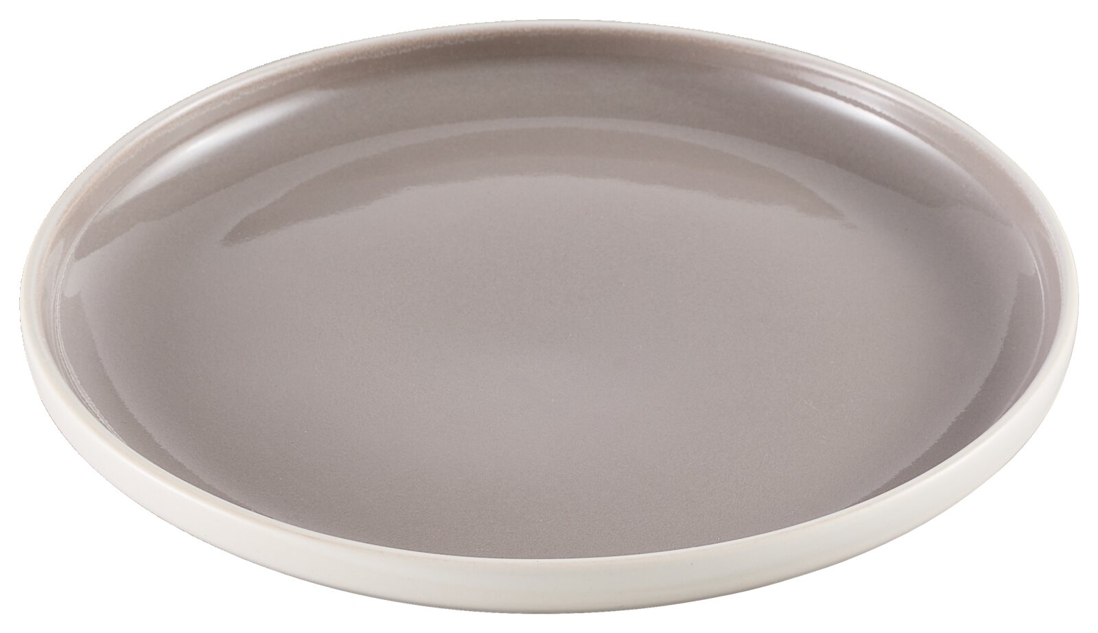 Novel Dessertbord LEVANTO Rond, plat keramisch bord in taupe/beige met glanzend glazuur, schuin van bovenaf gefotografeerd in een licht zijaanzicht