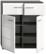 Schuhkommode mit zwei offenen Schubladen und zwei geöffneten Türen, die mehrere Fächer zeigen, Frontansicht