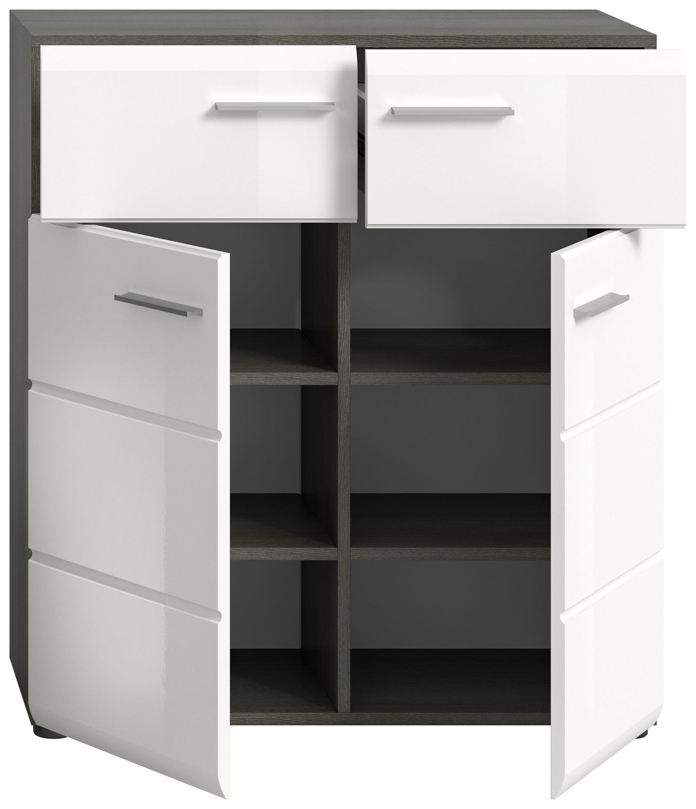 Schuhkommode mit zwei offenen Schubladen und zwei geöffneten Türen, die mehrere Fächer zeigen, Frontansicht