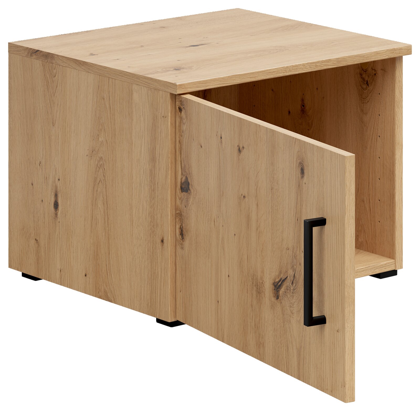 Holzfarbener Aufsatzschrank mit geöffneter Tür, schwarze Griffleiste, Perspektive von vorne links