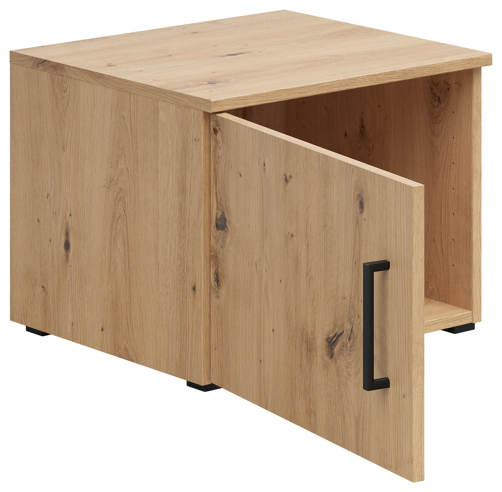 Holzfarbener Aufsatzschrank mit geöffneter Tür, schwarze Griffleiste, Perspektive von vorne links