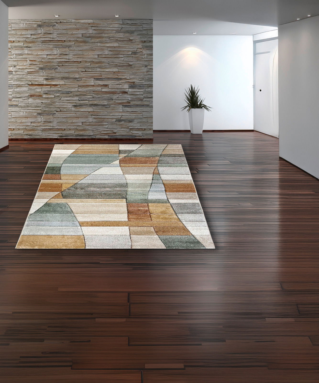 Merinos Webteppich DIAMOND Moderner Webteppich Taurus Pastell in einem eleganten Raum mit Holzboden und Steinwand, aus der Vogelperspektive betrachtet.