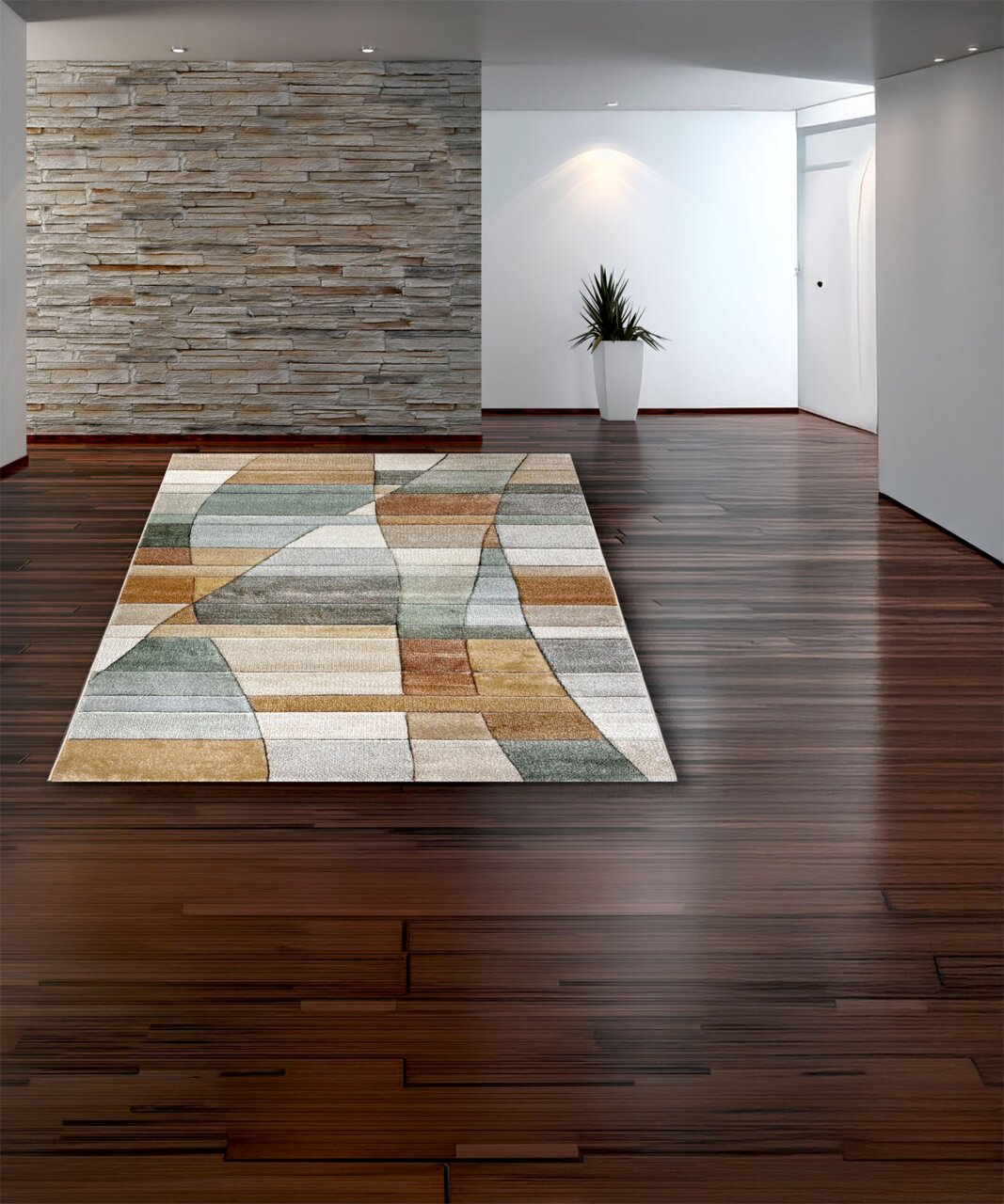 Merinos Webteppich DIAMOND Moderner Webteppich Taurus Pastell in einem eleganten Raum mit Holzboden und Steinwand, aus der Vogelperspektive betrachtet.