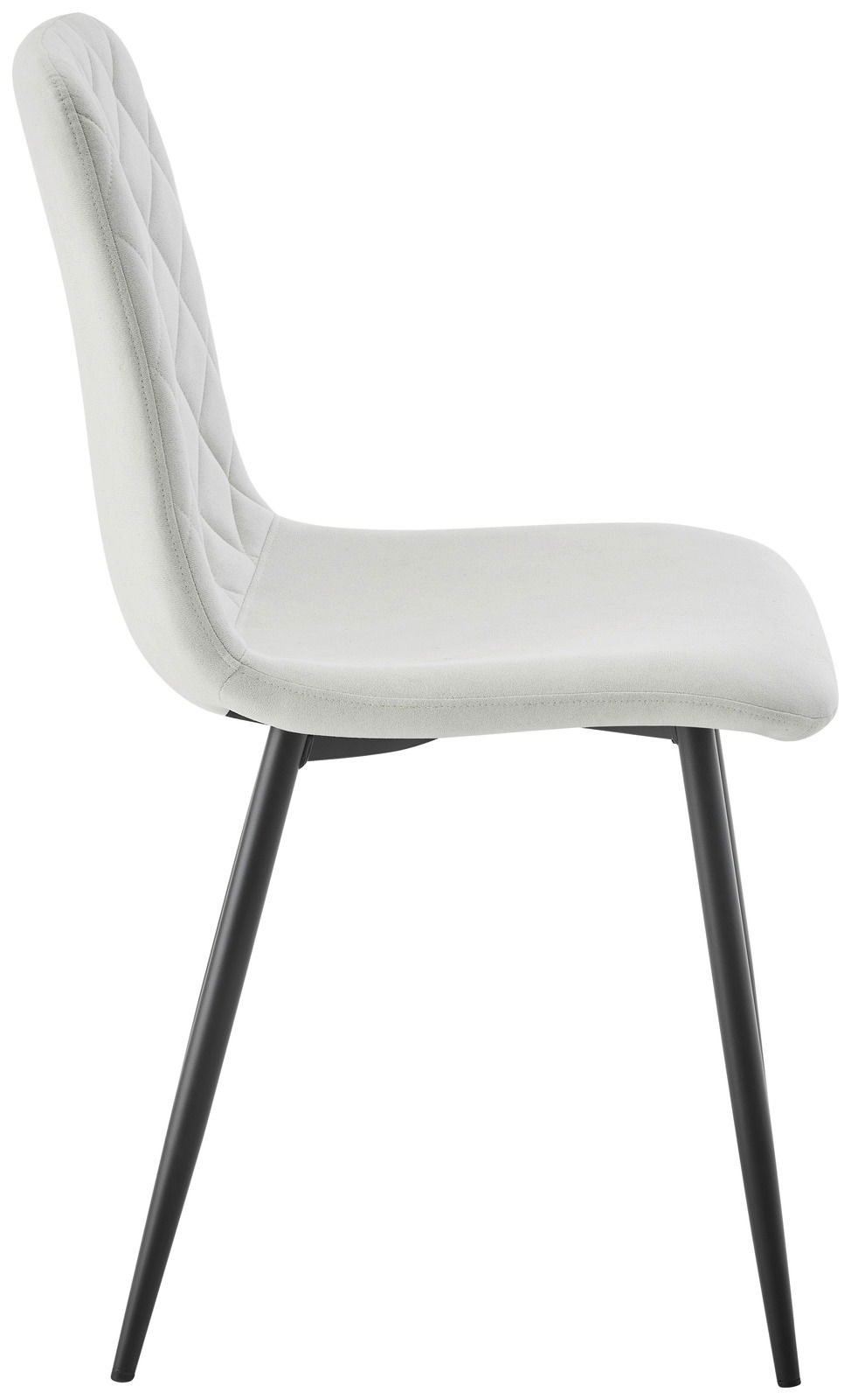 Moderner Stuhl mit gepolsterter Sitzfläche und Rückenlehne in Seitenansicht, schwarze Metallbeine