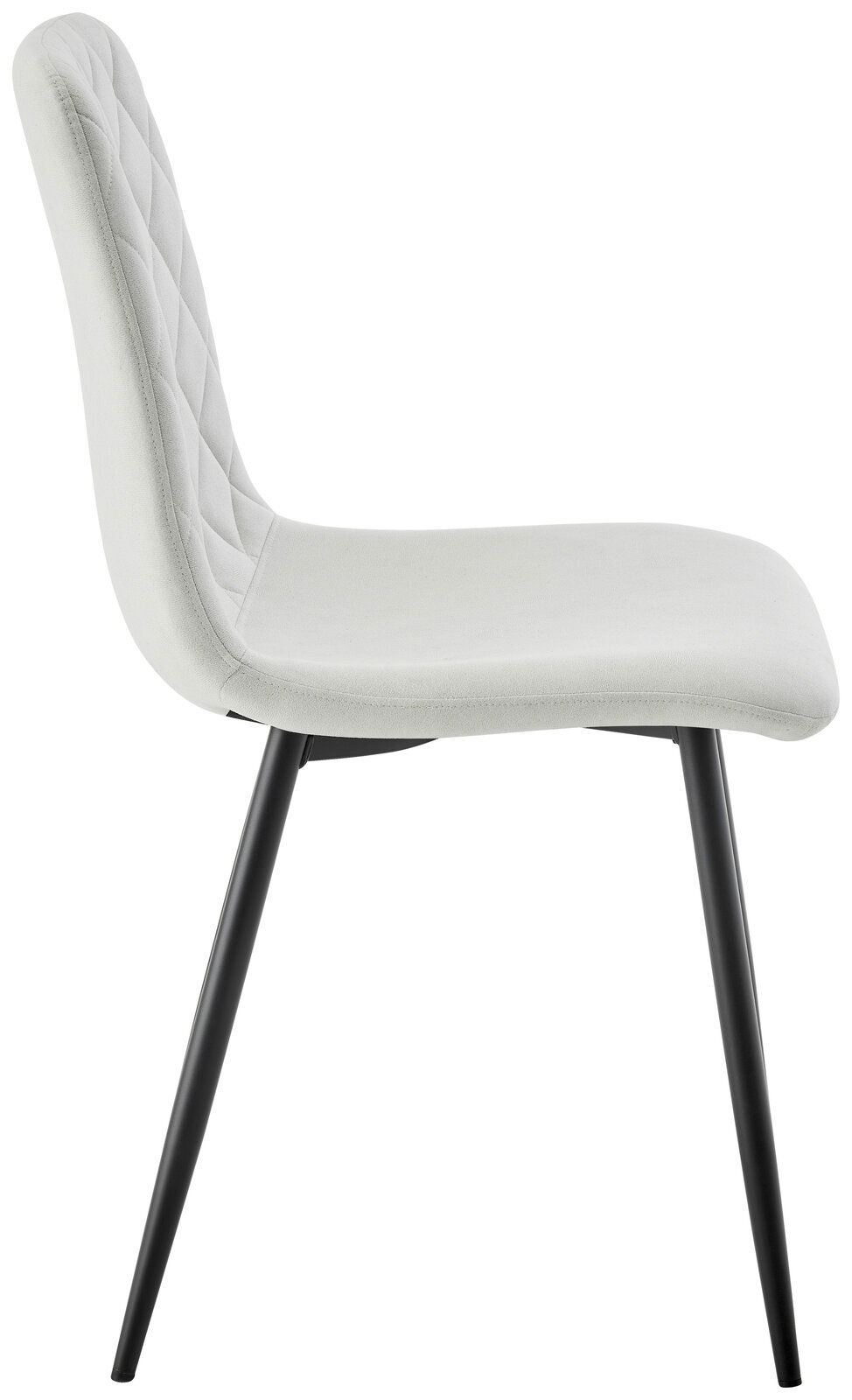 Moderner Stuhl mit gepolsterter Sitzfläche und Rückenlehne in Seitenansicht, schwarze Metallbeine