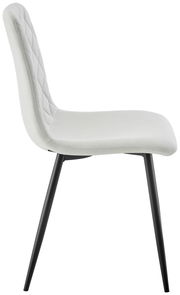 Moderner Stuhl mit gepolsterter Sitzfläche und Rückenlehne in Seitenansicht, schwarze Metallbeine