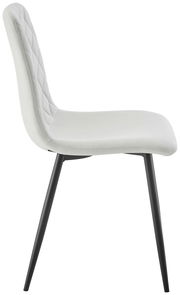 Moderner Stuhl mit gepolsterter Sitzfläche und Rückenlehne in Seitenansicht, schwarze Metallbeine