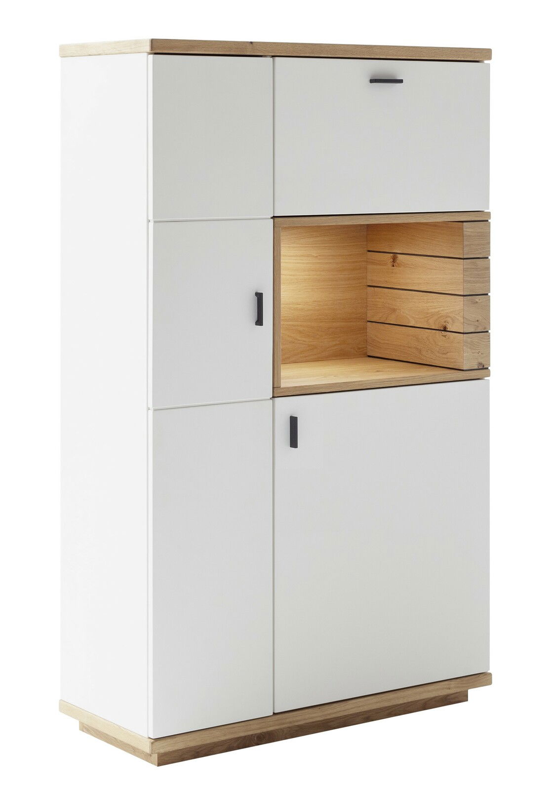 Novel Highboard MANITOBA Weißes Highboard mit Holzelementen und offenen Fächern, seitliche Perspektive