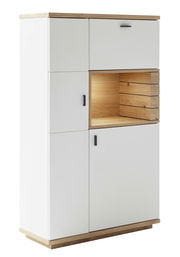 Weißes Highboard mit Holzelementen und offenen Fächern, seitliche Perspektive