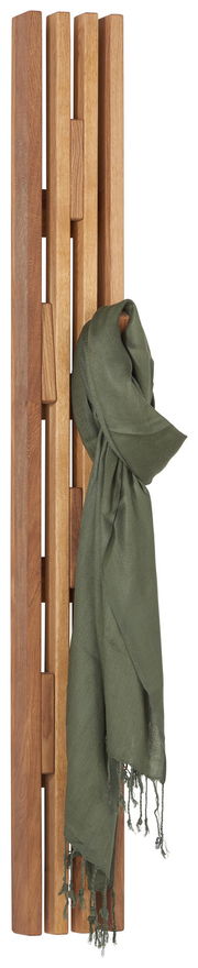 Schmales Garderobenpaneel aus Holz mit modernem Design, frontal abgebildet, mit einem grünen Schal dekoriert.