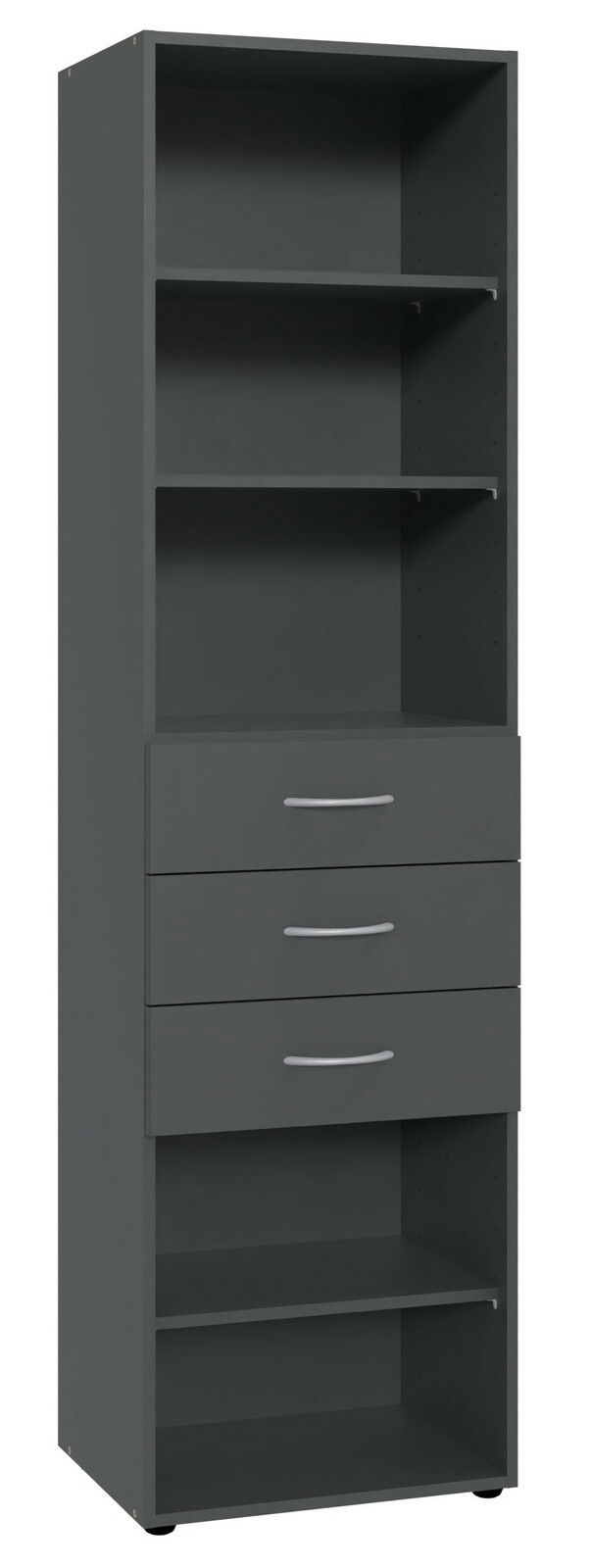 XORA Regal hoch MULTIRAUMKONZEPT Hohes, graues Regal mit mehreren offenen Fächern und drei Schubladen, frontal betrachtet.