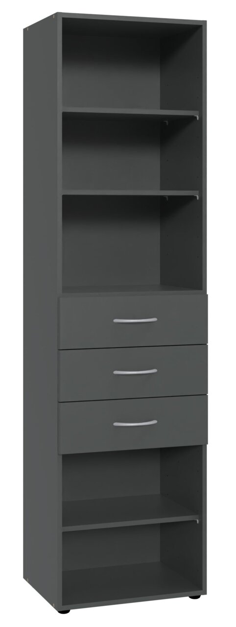 Hohes, graues Regal mit mehreren offenen Fächern und drei Schubladen, frontal betrachtet.