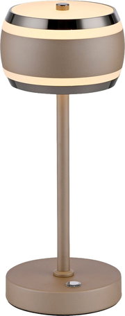 Moderne Akku-Tischleuchte in zylindrischer Form mit mattem Finish, seitliche Ansicht.